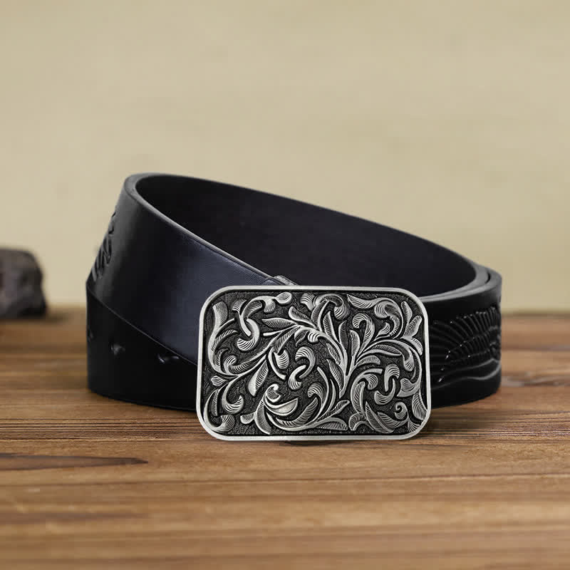 Men's DIY Art Leaves Scrollwork Buckle Leather Belt - Image 15