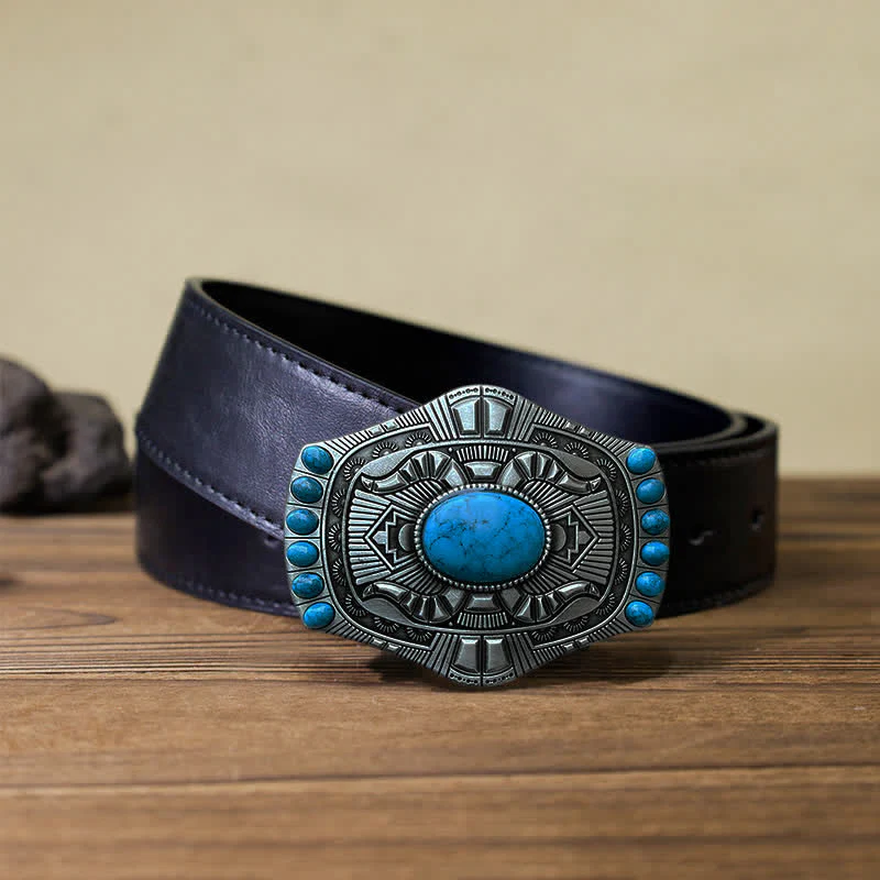 Men's DIY Artificial Turquoise Bohemia Buckle Leather Belt - Image 4