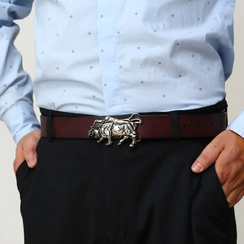 Men's DIY Authentic Silver Bull Buckle Leather Belt - Image 3
