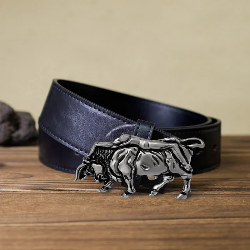 Men's DIY Authentic Silver Bull Buckle Leather Belt - Image 5