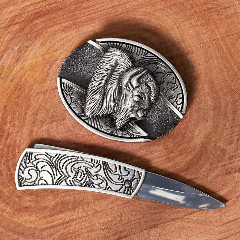 Men's DIY Bison Hidden Folding Knife Leather Belt - Image 2