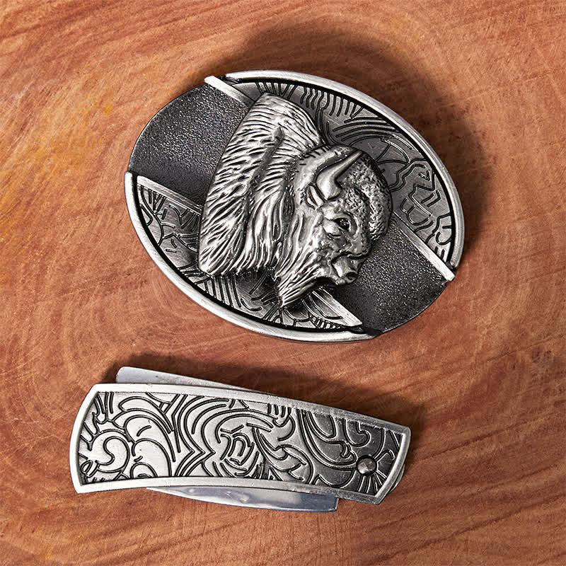 Men's DIY Bison Hidden Folding Knife Leather Belt - Image 3