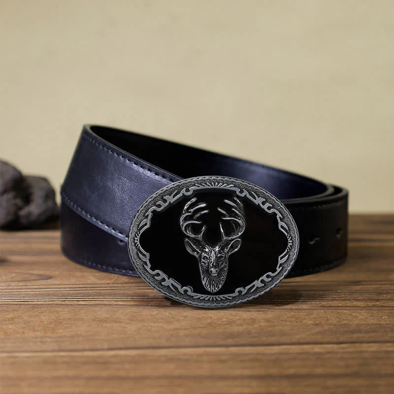 Men's DIY Black Deer Head Buckle Leather Belt - Image 4