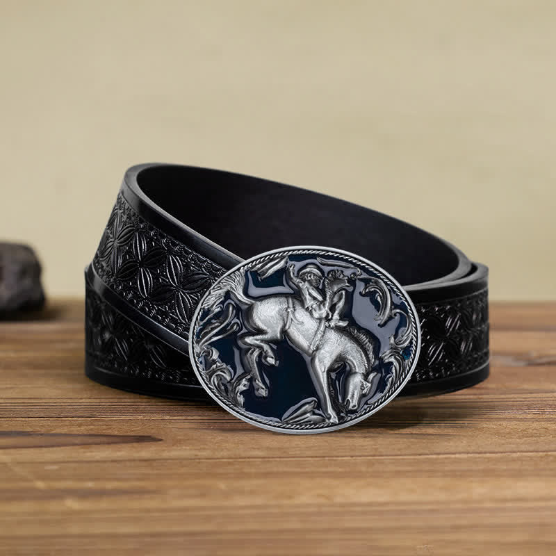 Men's DIY Blue Enamel Horse Riding Buckle Leather Belt - Image 9