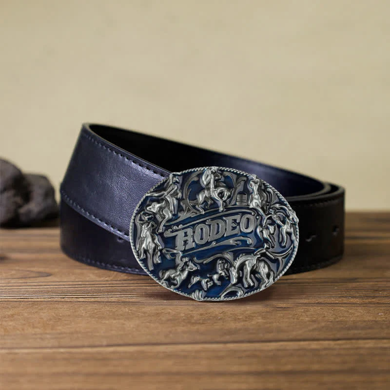 Men's DIY Blue Enamel Rodeo Bull Buckle Leather Belt - Image 6