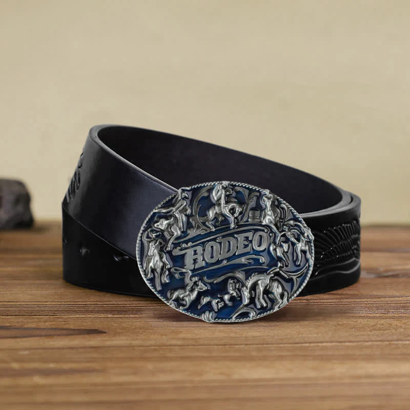Men's DIY Blue Enamel Rodeo Bull Buckle Leather Belt - Image 8
