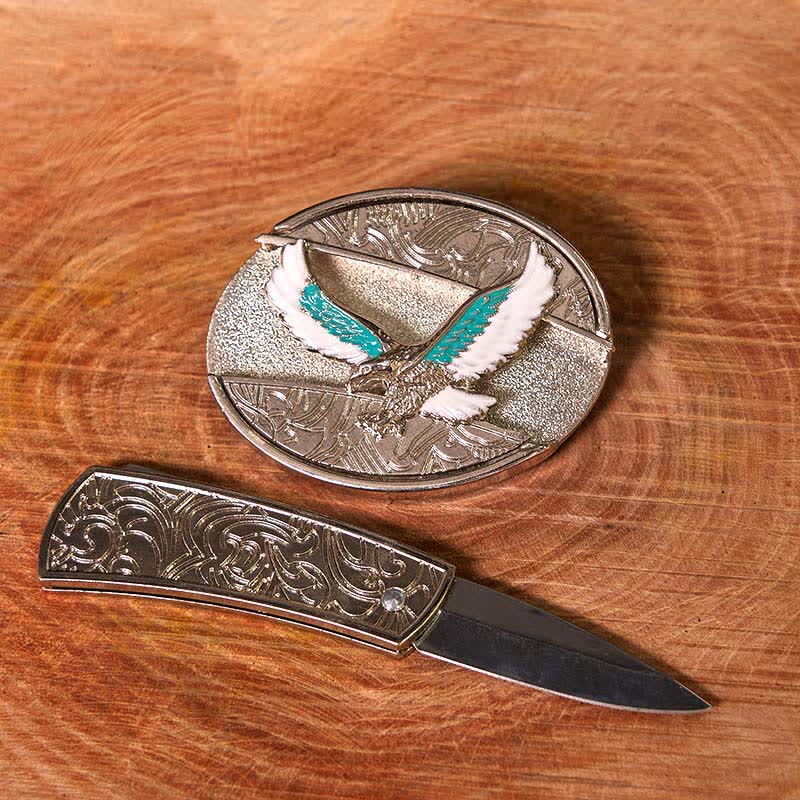 Men's DIY Blue & White Flying Eagle Hidden Folding Knife Leather Belt - Image 3