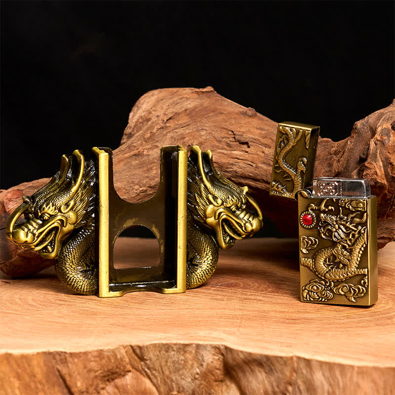 Men's DIY Bronze Double Dragons Leather Belt with Hidden Lighter - Image 2