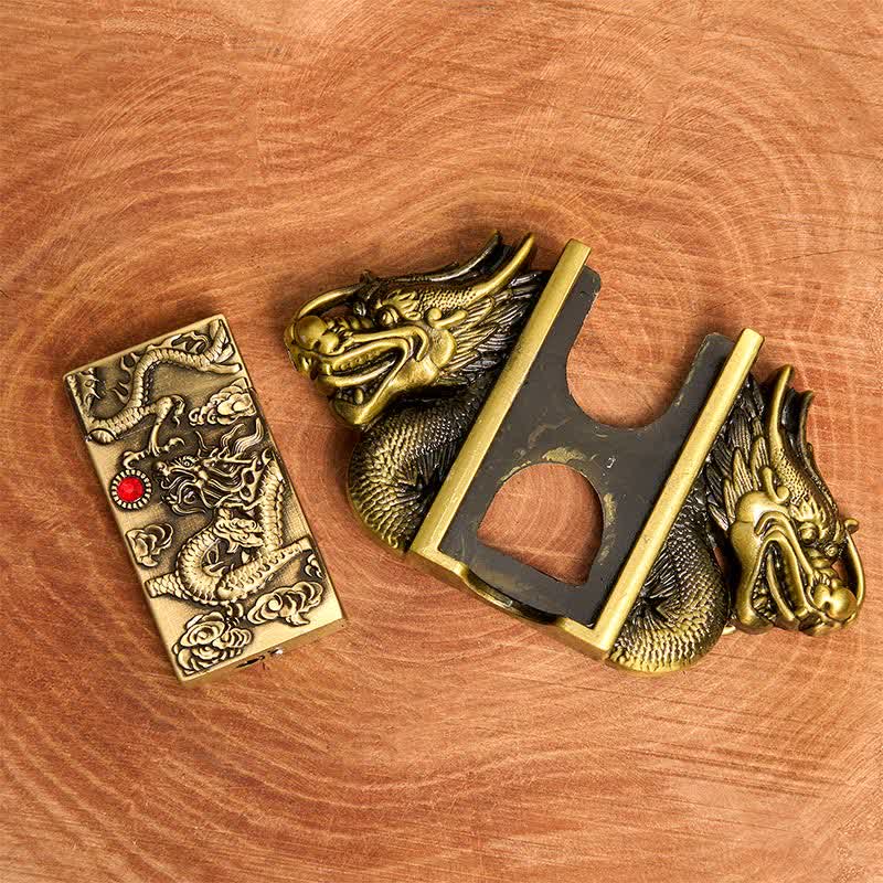 Men's DIY Bronze Double Dragons Leather Belt with Hidden Lighter - Image 5
