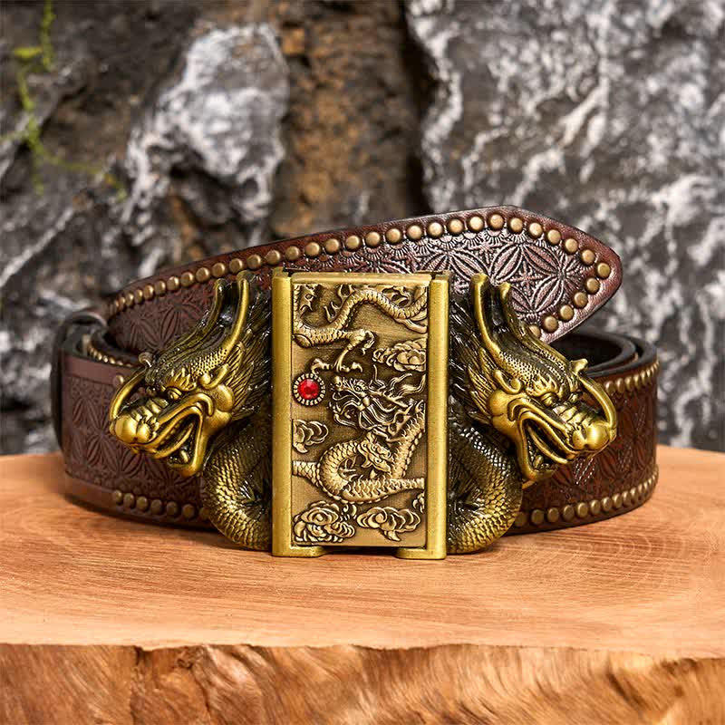 Men's DIY Bronze Double Dragons Leather Belt with Hidden Lighter - Image 8