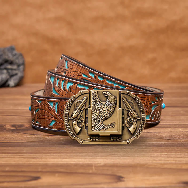 Men's DIY Bronze Eagle Guns Leather Belt with Hidden Lighter - Image 6