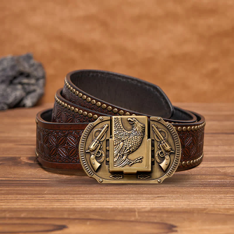 Men's DIY Bronze Eagle Guns Leather Belt with Hidden Lighter - Image 7