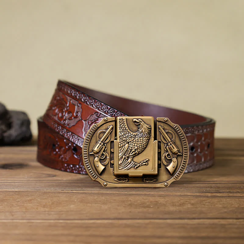Men's DIY Bronze Eagle Guns Leather Belt with Hidden Lighter - Image 9