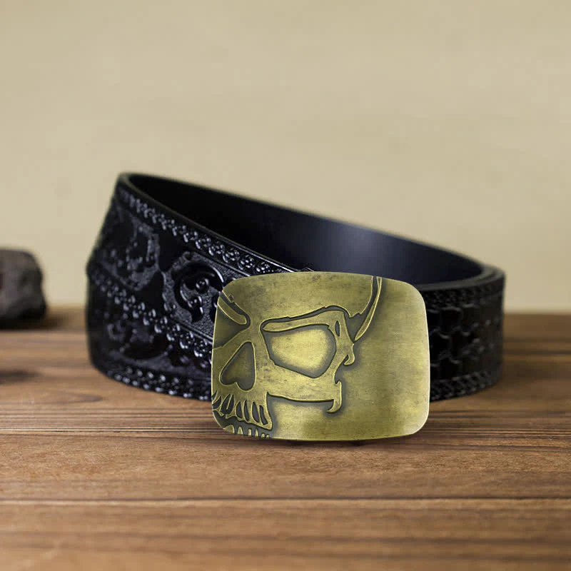 Men's DIY Bronze Embossed Skull Buckle Leather Belt - Image 7