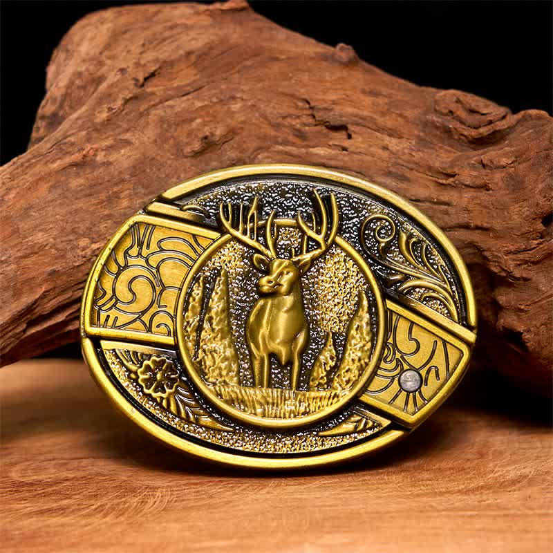 Men's DIY Bronze Forest Deer Hidden Folding Knife Leather Belt