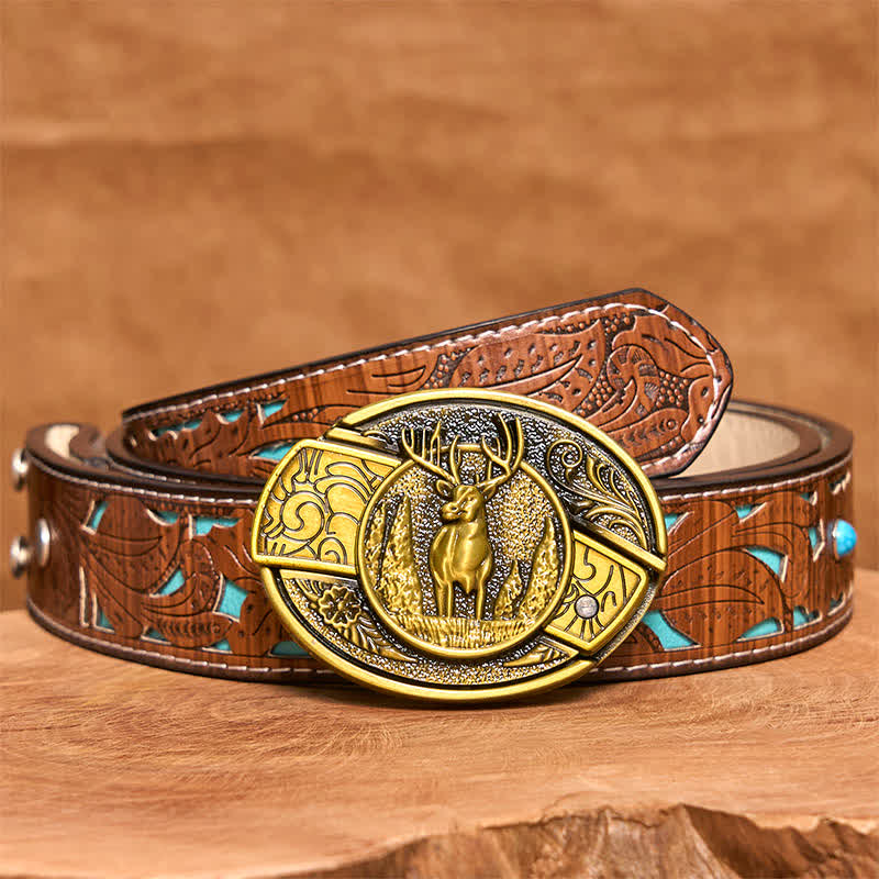 Men's DIY Bronze Forest Deer Hidden Folding Knife Leather Belt - Image 6