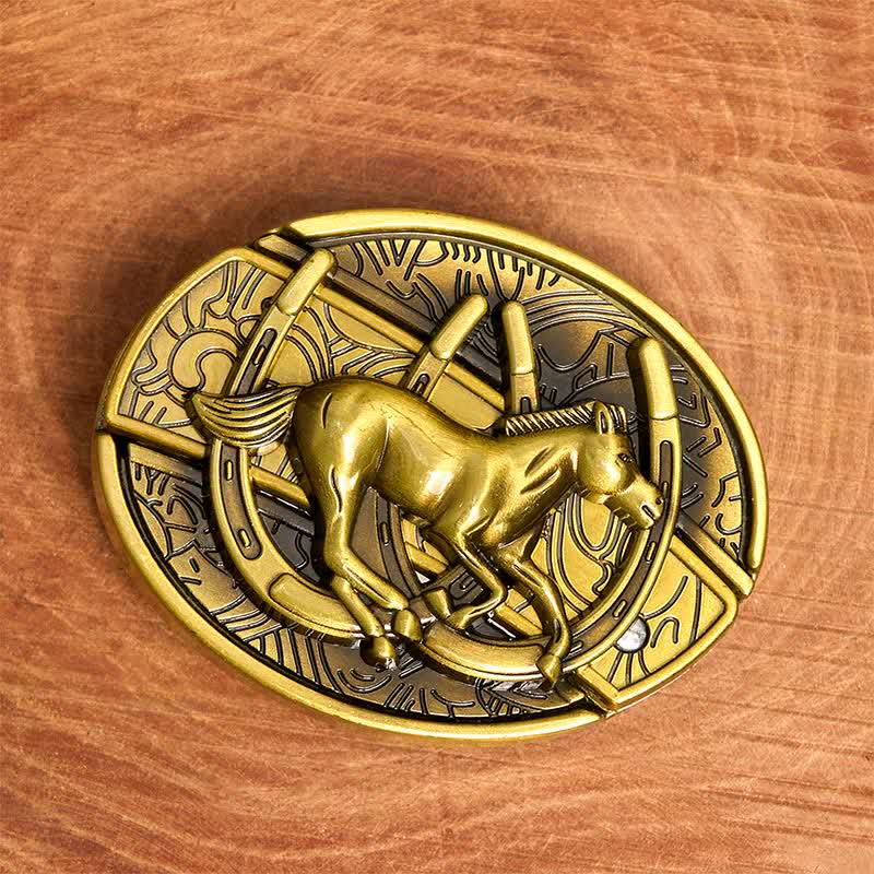 Men's DIY Bronze Galloping Horse Hidden Folding Knife Leather Belt - Image 3