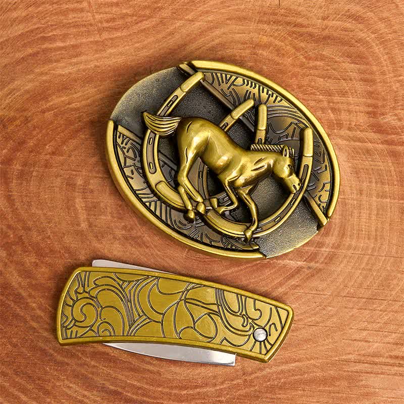 Men's DIY Bronze Galloping Horse Hidden Folding Knife Leather Belt - Image 4