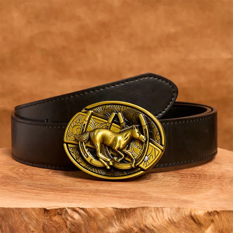 Men's DIY Bronze Galloping Horse Hidden Folding Knife Leather Belt - Image 5