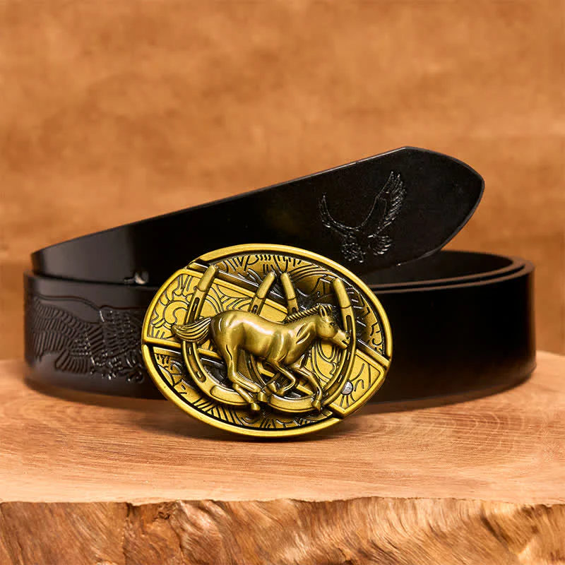 Men's DIY Bronze Galloping Horse Hidden Folding Knife Leather Belt - Image 7