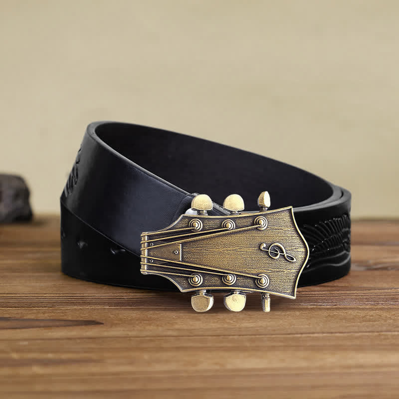 Men's DIY Bronze Guitar Music Buckle Leather Belt - Image 5