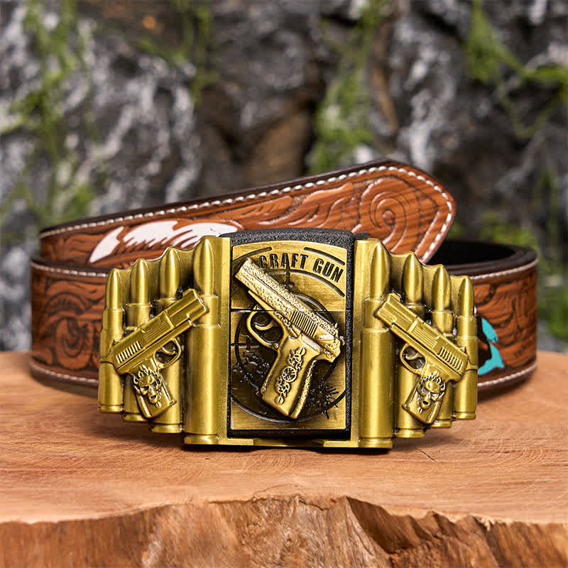 Men's DIY Bronze Gun & Bullet Pattern Leather Belt with Hidden Lighter - Image 11