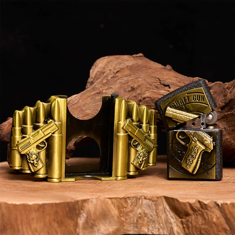Men's DIY Bronze Gun & Bullet Pattern Leather Belt with Hidden Lighter - Image 2