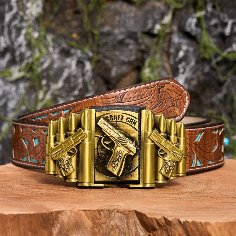Men's DIY Bronze Gun & Bullet Pattern Leather Belt with Hidden Lighter - Image 7