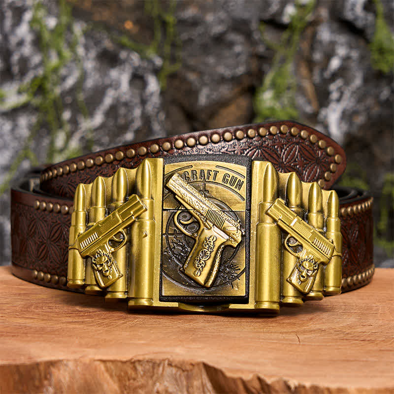 Men's DIY Bronze Gun & Bullet Pattern Leather Belt with Hidden Lighter - Image 8