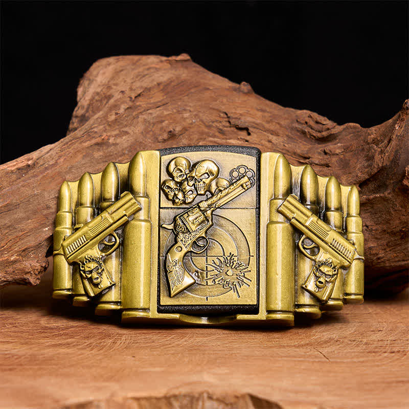 Men's DIY Bronze Gun & Skull Pattern Leather Belt with Hidden Lighter
