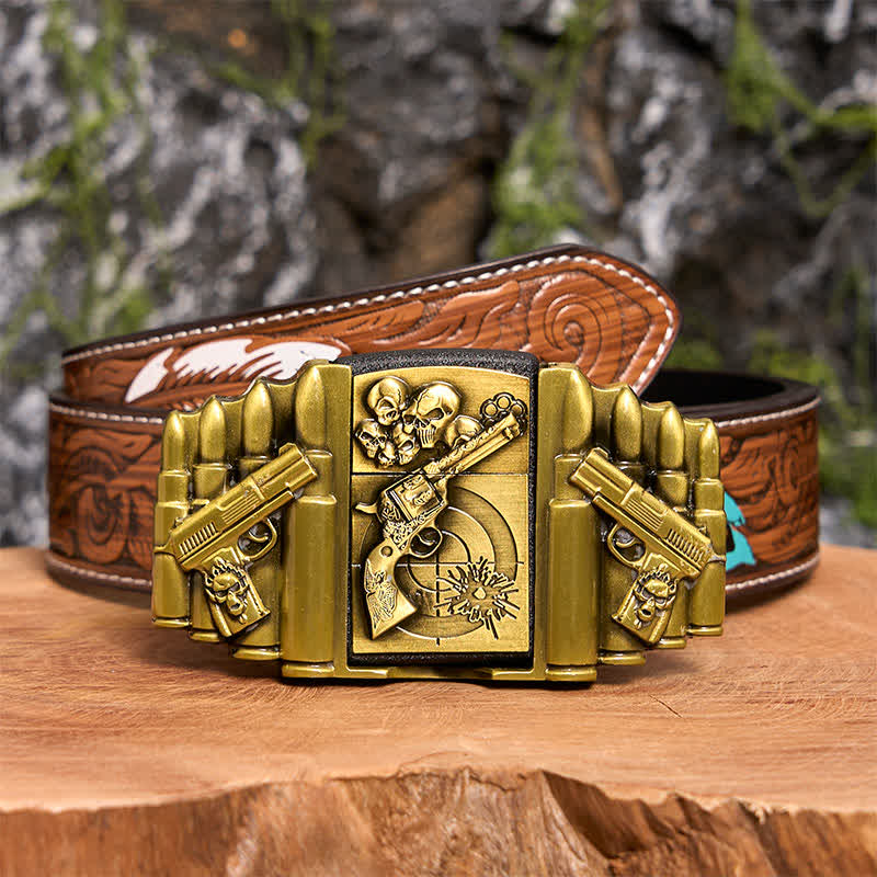 Men's DIY Bronze Gun & Skull Pattern Leather Belt with Hidden Lighter - Image 11