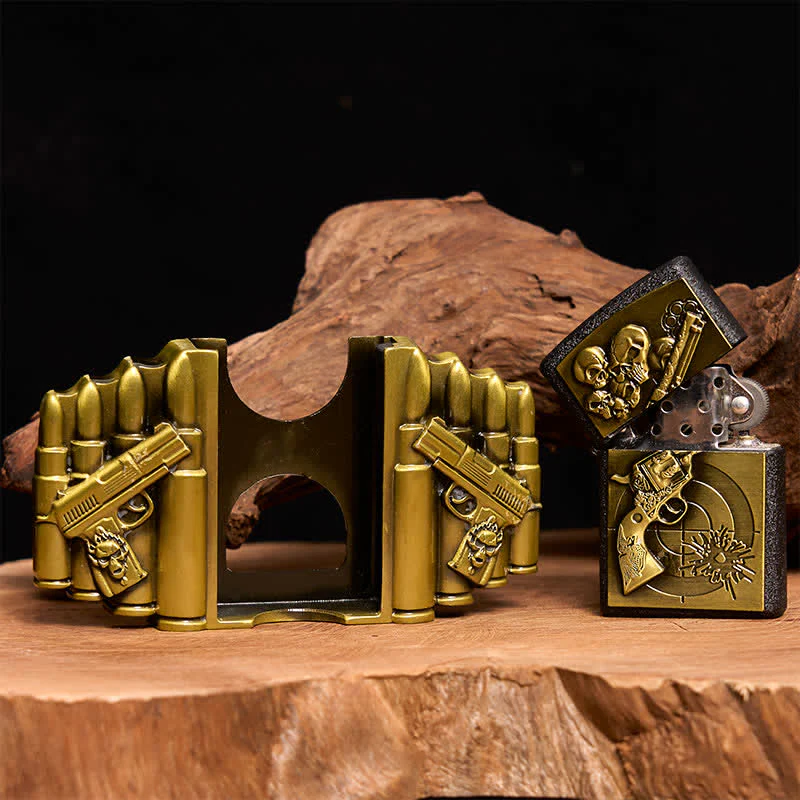 Men's DIY Bronze Gun & Skull Pattern Leather Belt with Hidden Lighter - Image 2