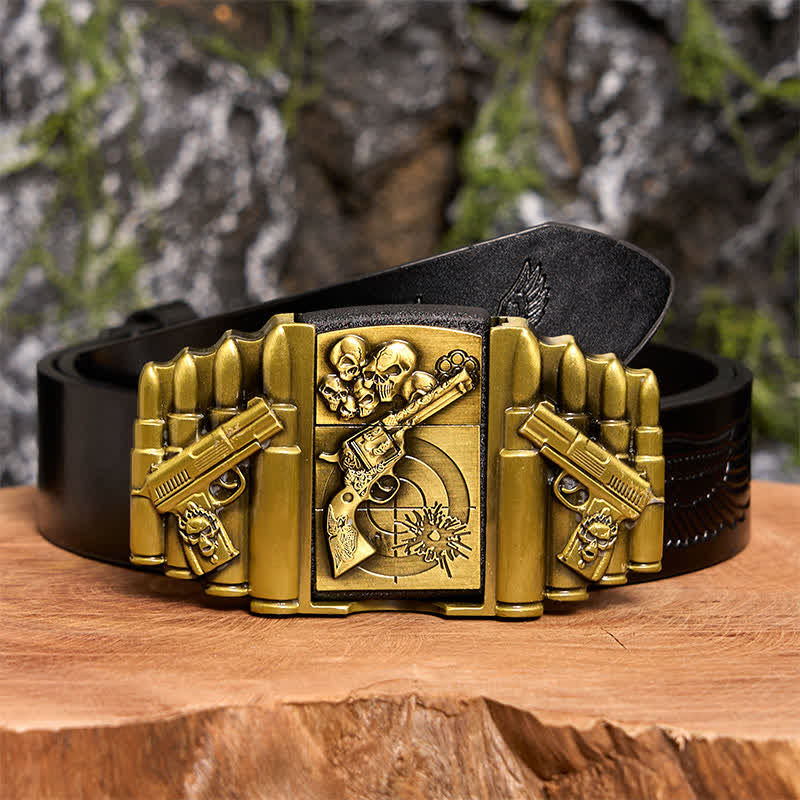 Men's DIY Bronze Gun & Skull Pattern Leather Belt with Hidden Lighter - Image 3