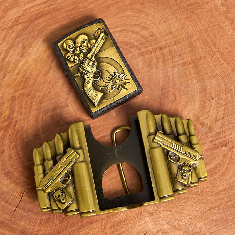 Men's DIY Bronze Gun & Skull Pattern Leather Belt with Hidden Lighter - Image 5