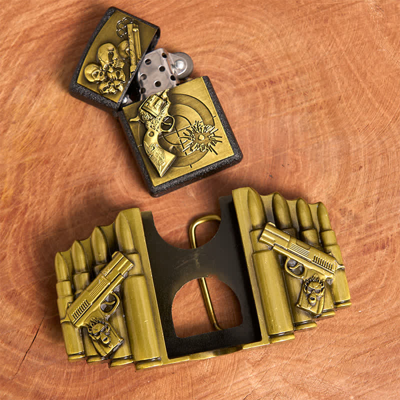 Men's DIY Bronze Gun & Skull Pattern Leather Belt with Hidden Lighter - Image 6