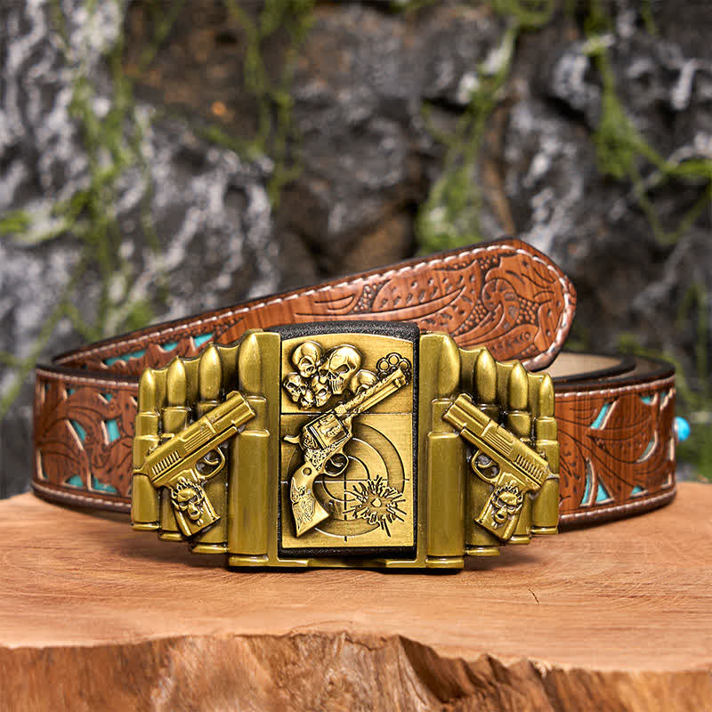 Men's DIY Bronze Gun & Skull Pattern Leather Belt with Hidden Lighter - Image 7