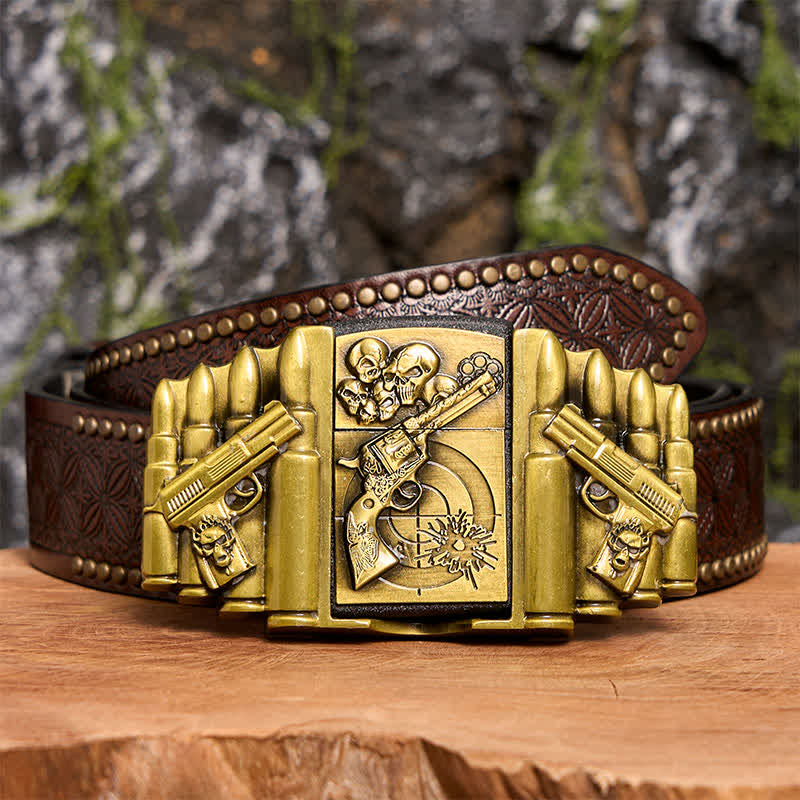 Men's DIY Bronze Gun & Skull Pattern Leather Belt with Hidden Lighter - Image 8