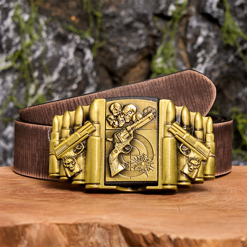 Men's DIY Bronze Gun & Skull Pattern Leather Belt with Hidden Lighter - Image 9