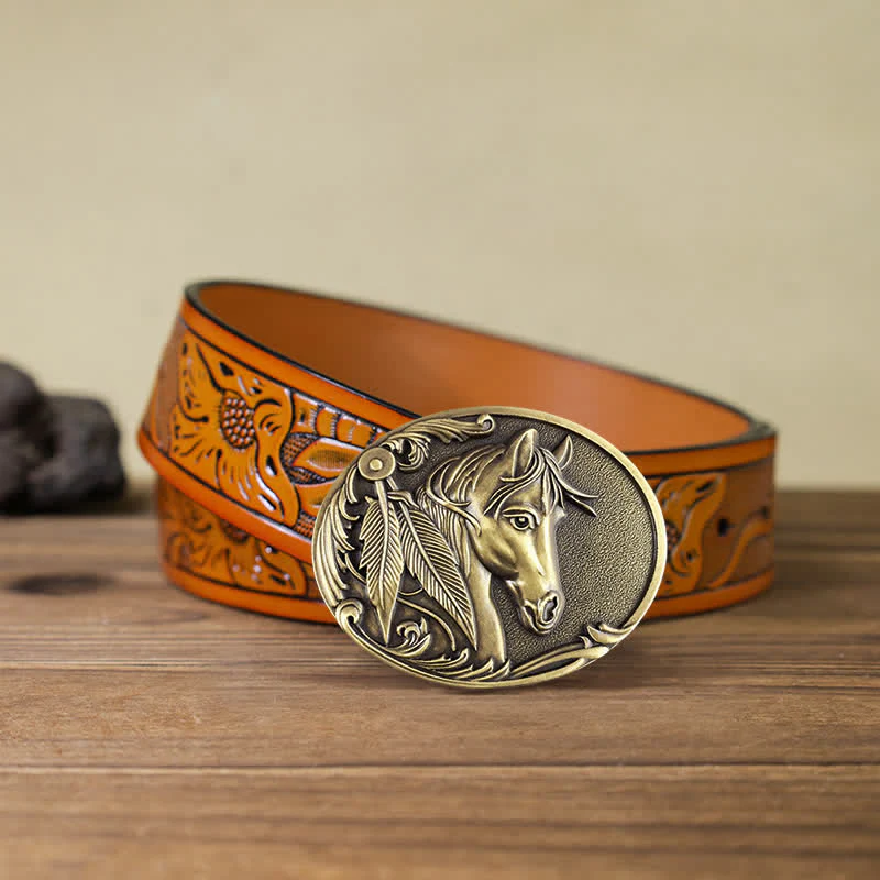 Men's DIY Bronze Horse Buckle Leather Belt - Image 11