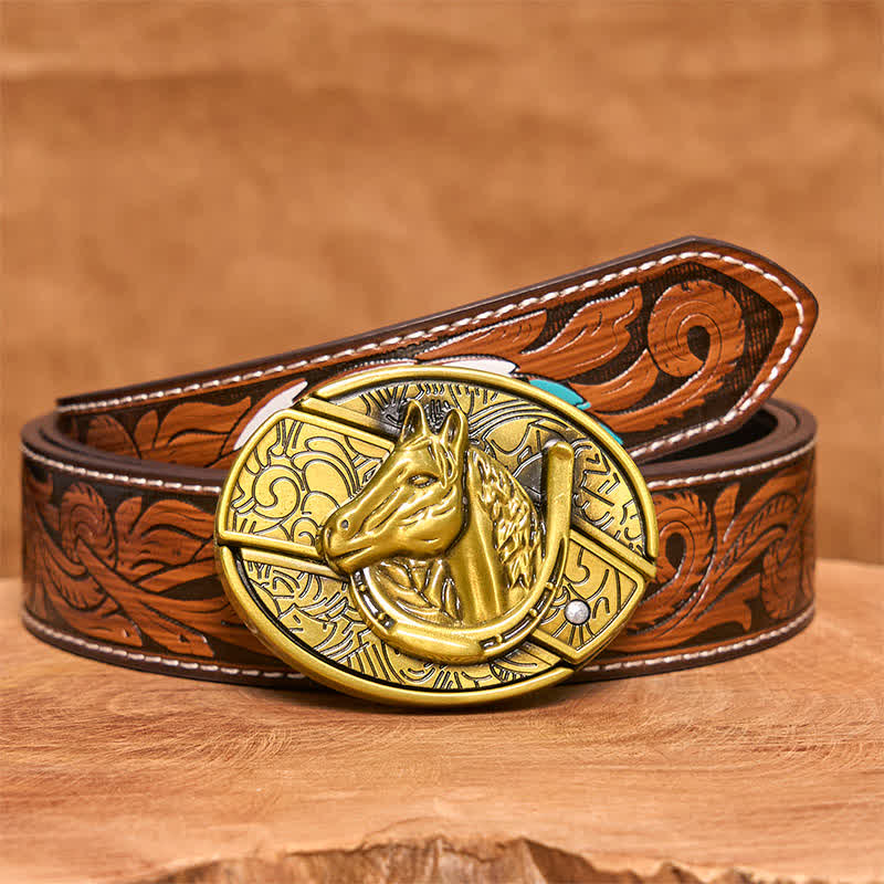 Men's DIY Bronze Horse Head Hidden Folding Knife Leather Belt - Image 10