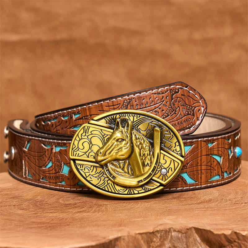 Men's DIY Bronze Horse Head Hidden Folding Knife Leather Belt - Image 6