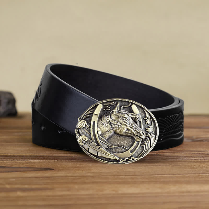 Men's DIY Bronze Horse Horseshoe Buckle Leather Belt - Image 5