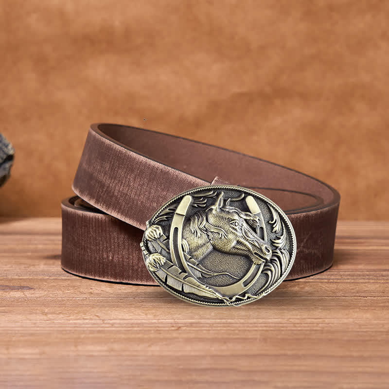 Men's DIY Bronze Horse Horseshoe Buckle Leather Belt - Image 8