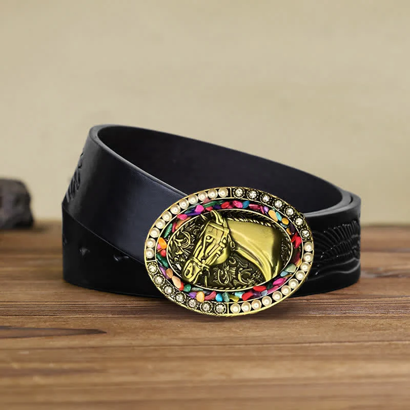Men's DIY Bronze Horse Pearl Stone Buckle Leather Belt - Image 4