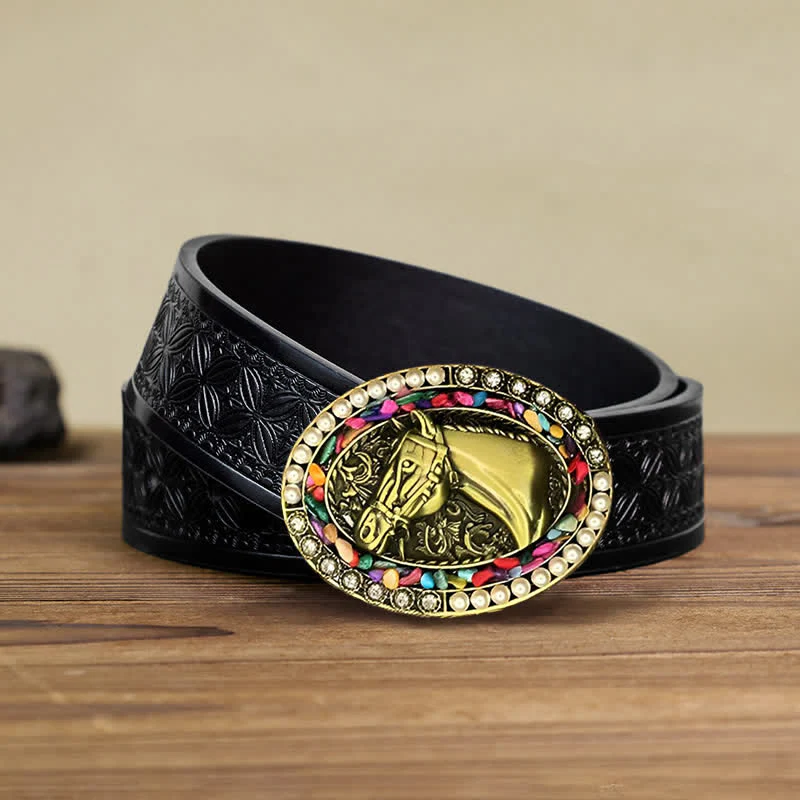 Men's DIY Bronze Horse Pearl Stone Buckle Leather Belt - Image 5