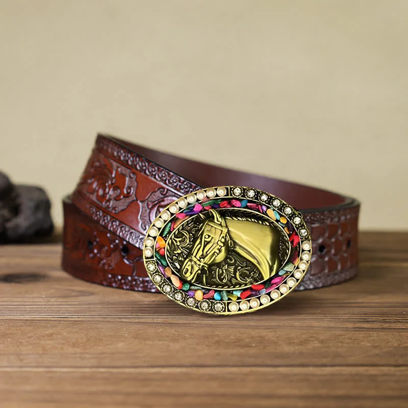Men's DIY Bronze Horse Pearl Stone Buckle Leather Belt - Image 7