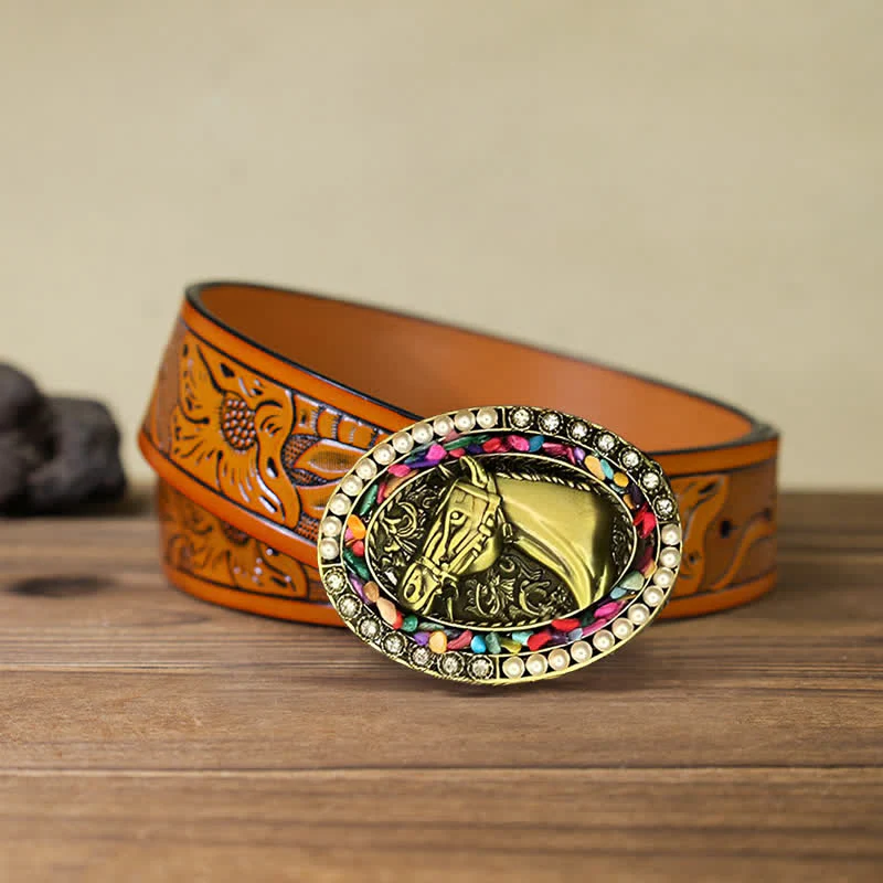 Men's DIY Bronze Horse Pearl Stone Buckle Leather Belt - Image 9