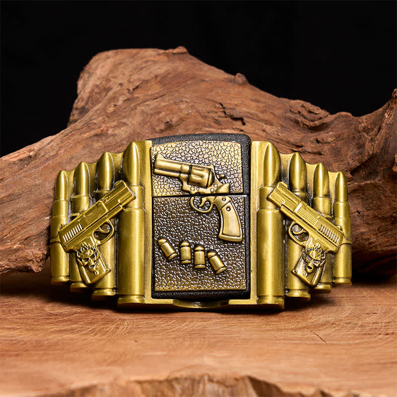 Men's DIY Bronze Loaded Gun Pattern Leather Belt With Hidden Lighter
