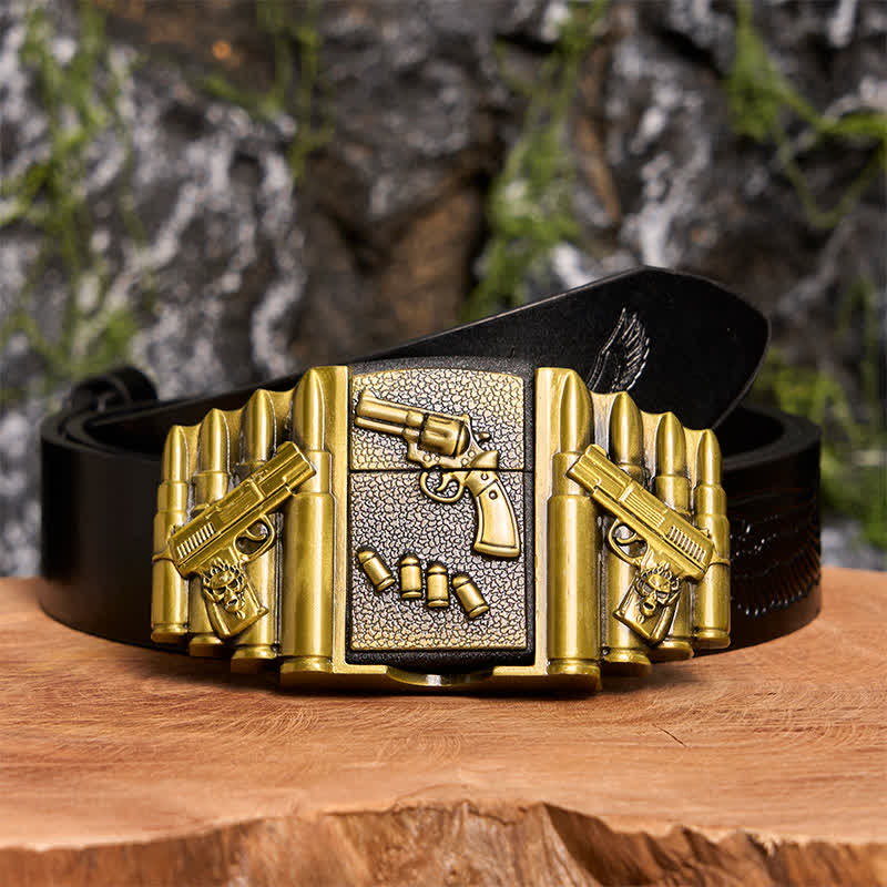 Men's DIY Bronze Loaded Gun Pattern Leather Belt With Hidden Lighter - Image 3