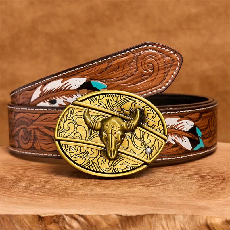 Men's DIY Bronze Longhorn Bull Hidden Folding Knife Leather Belt - Image 10